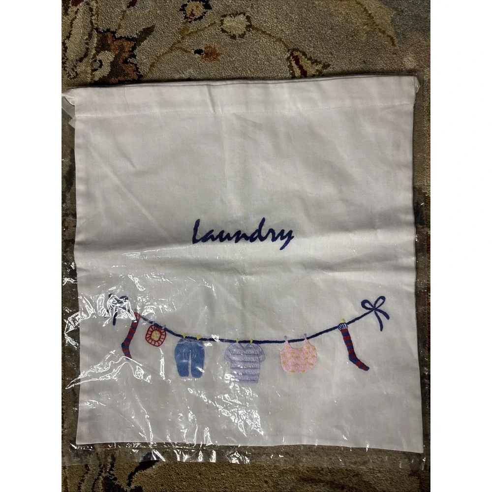 Laundry Bag Embroidered Square Drawstring Cotton  Bag. Vintage Baby